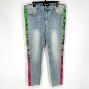 Homme + Femme NEW Tesla Skinny Blue Jeans Sz 40 Green Pink Gradient Logo Ribbon